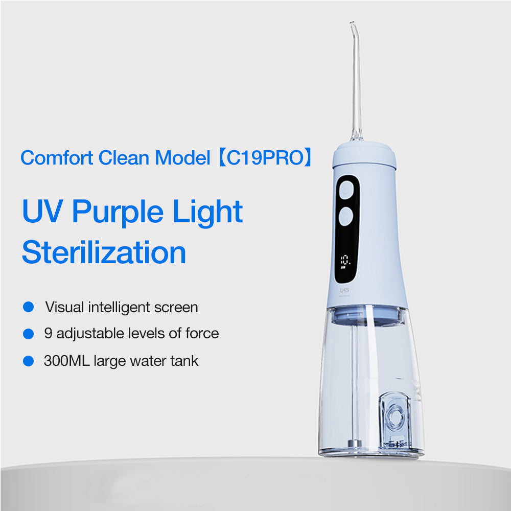 c19pro dental water flosser with uv purple light sterilization on a white background