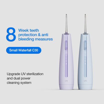 Two dental water flossers with text highlighting features on a light gray background