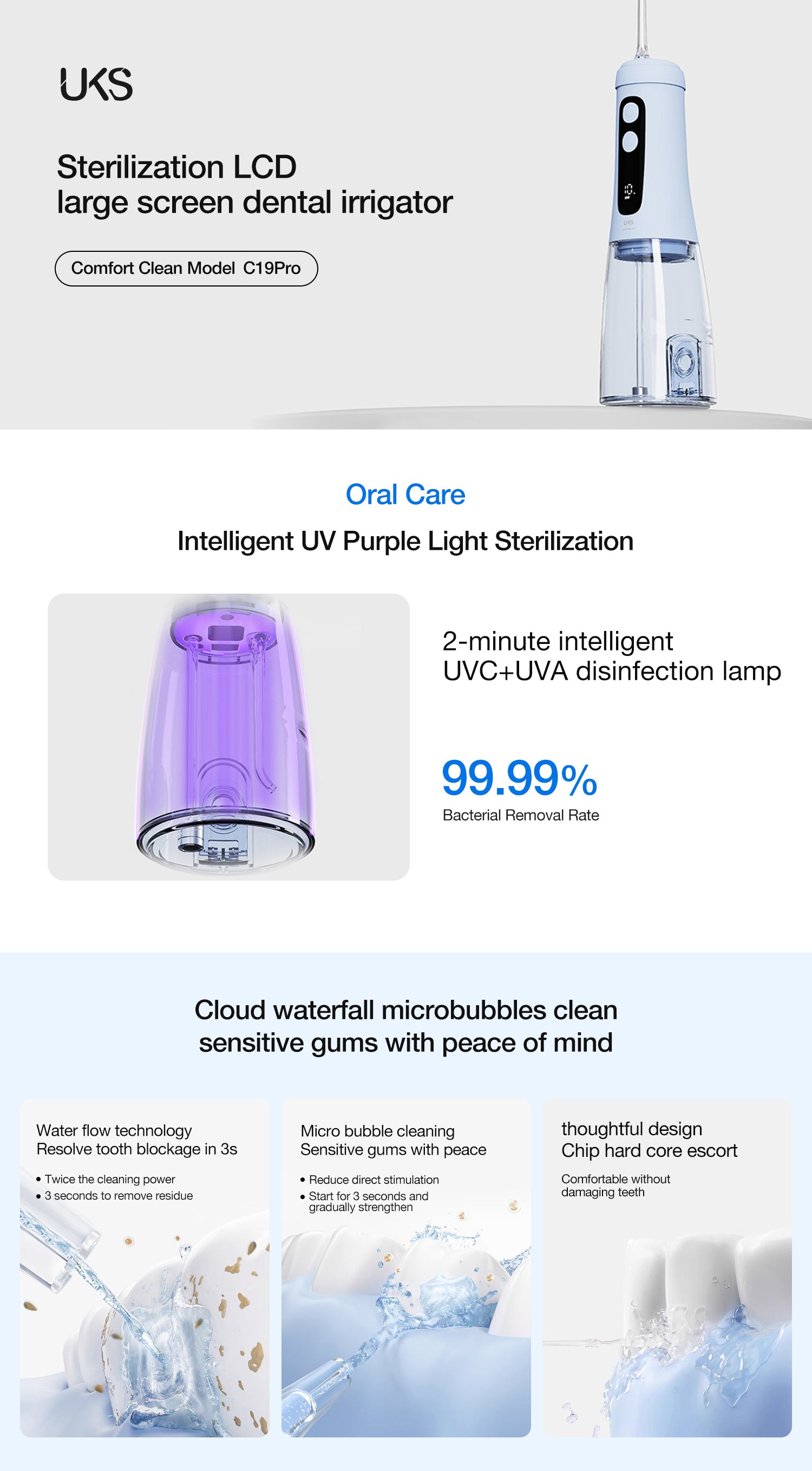 UKS sterilization LCD dental irrigator with UV light sterilization feature on a white background.