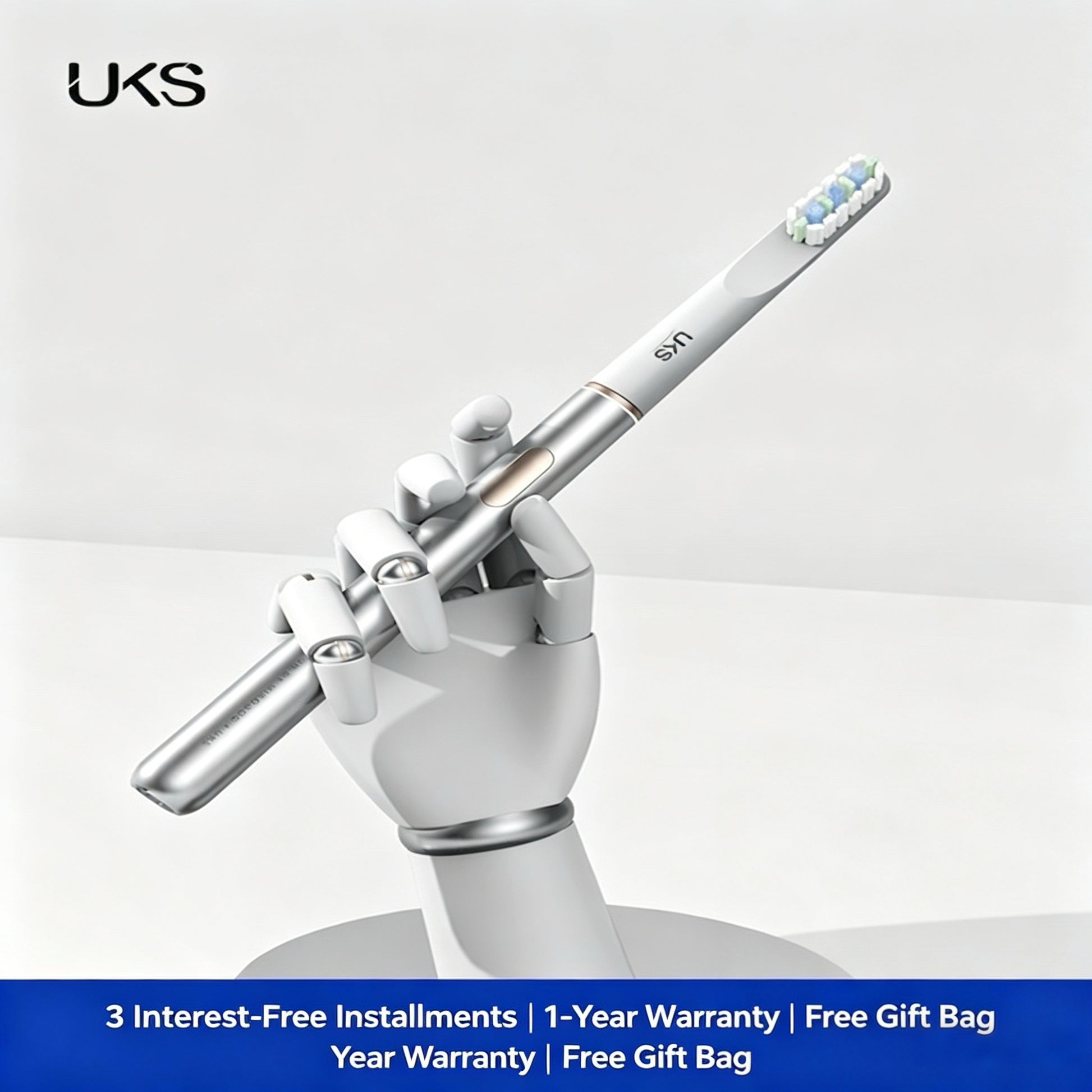 White electronic toothbrush held by a white hand sculpture on a light gray background with UKS branding.