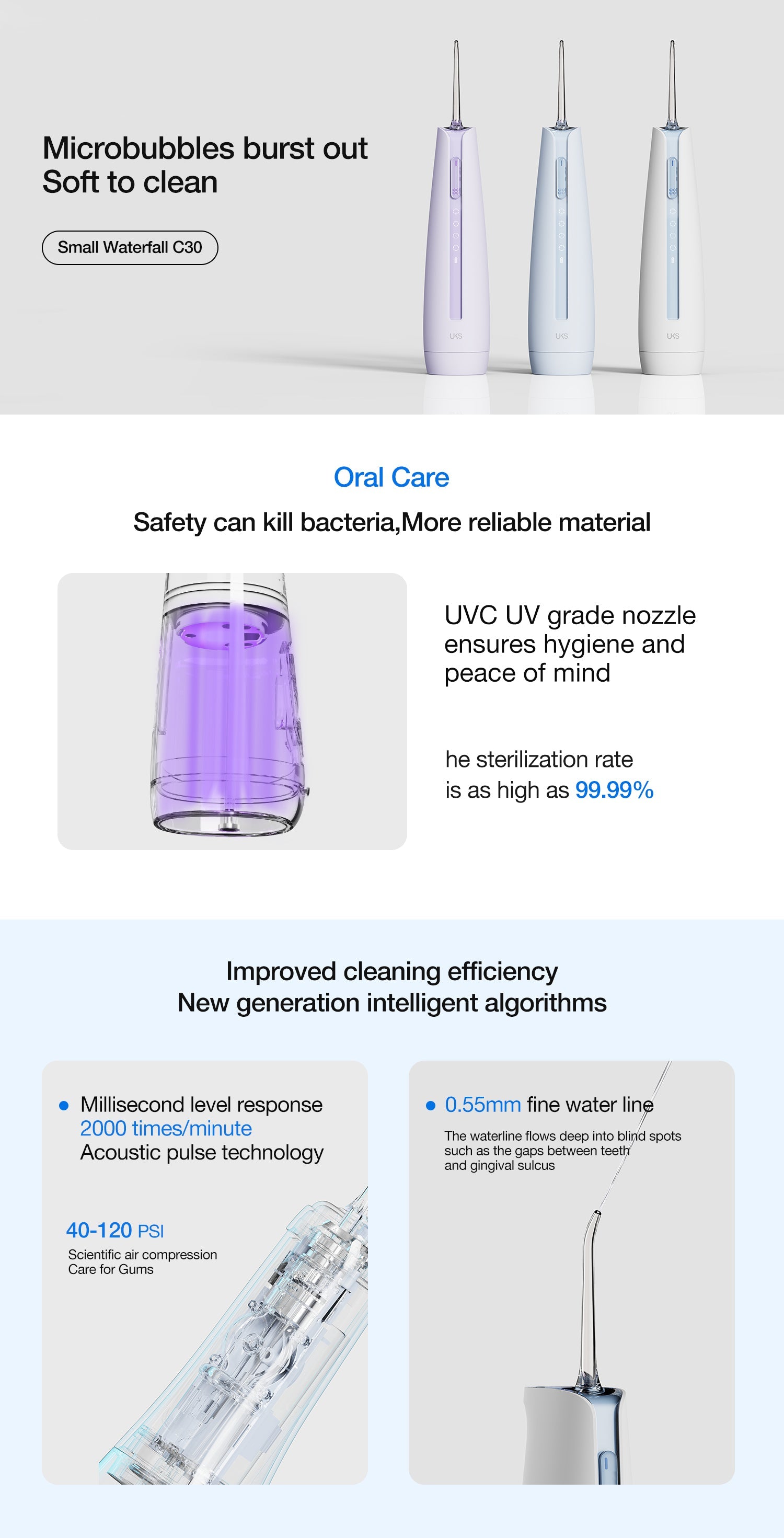 Product advertisement for a dental cleaning device with text on safety, hygiene, and cleaning efficiency.