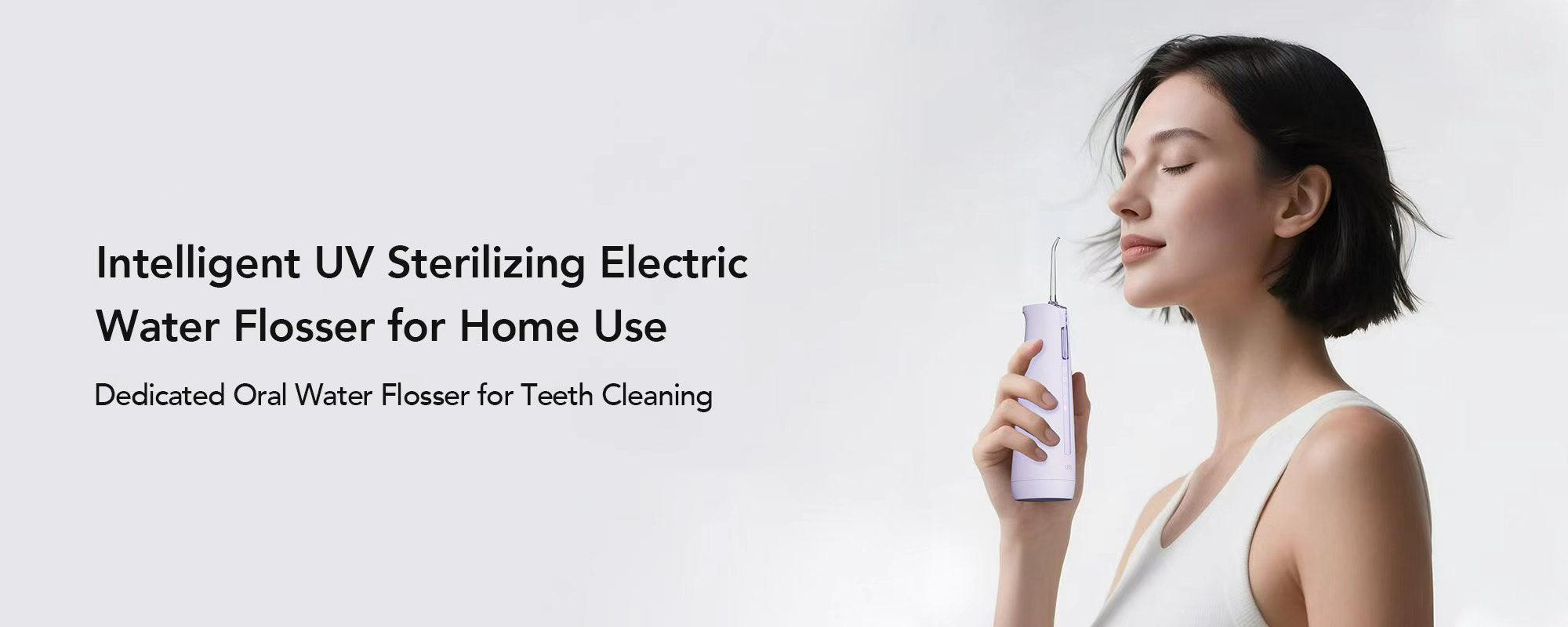 Woman using an electric water flosser with text about UKS product details on a white background