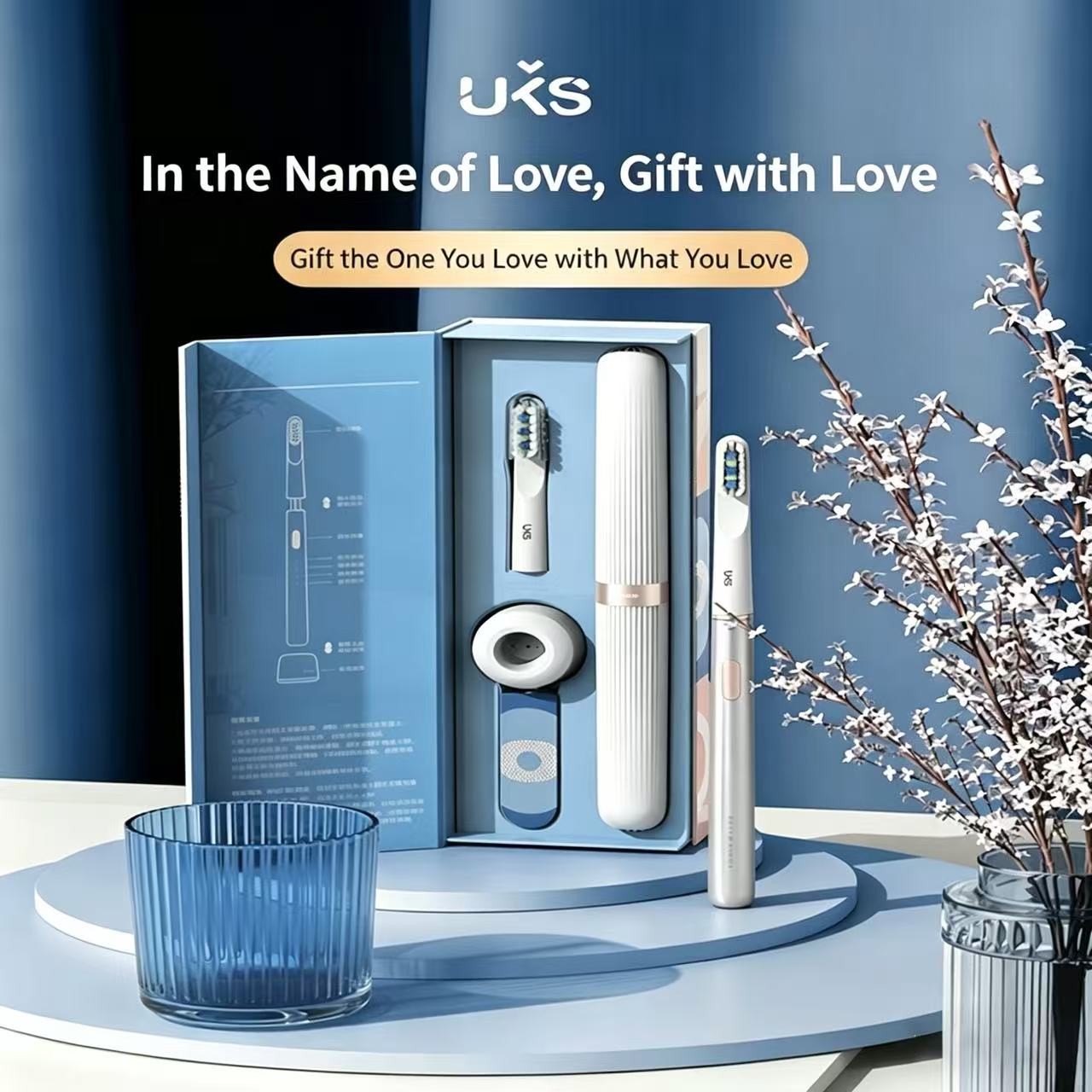 set of dental care products in a box with uks branding on a blue background