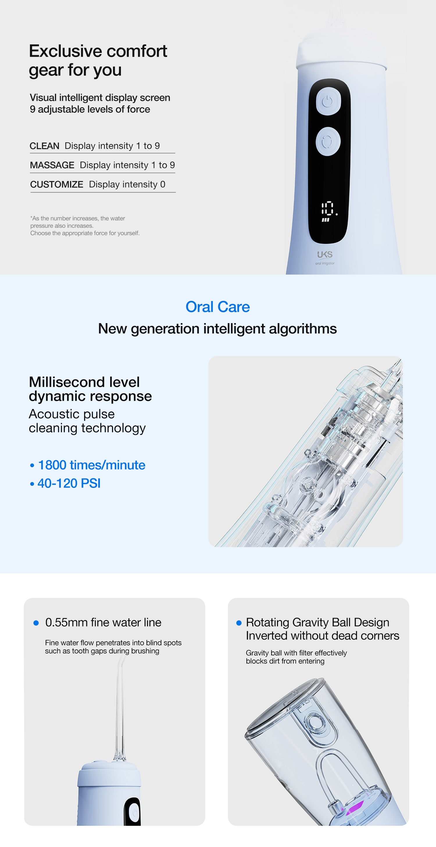 Product advertisement for dental care device with text and images on a white background