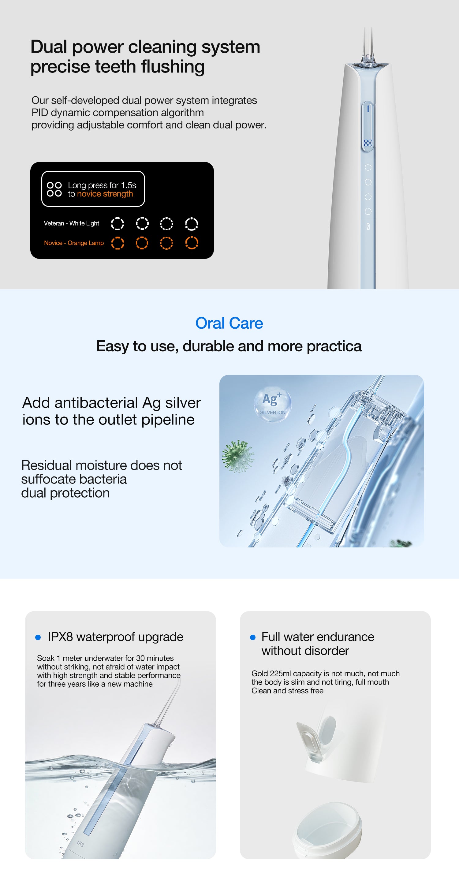 Dual power cleaning system for dental care with text and images on a white background
