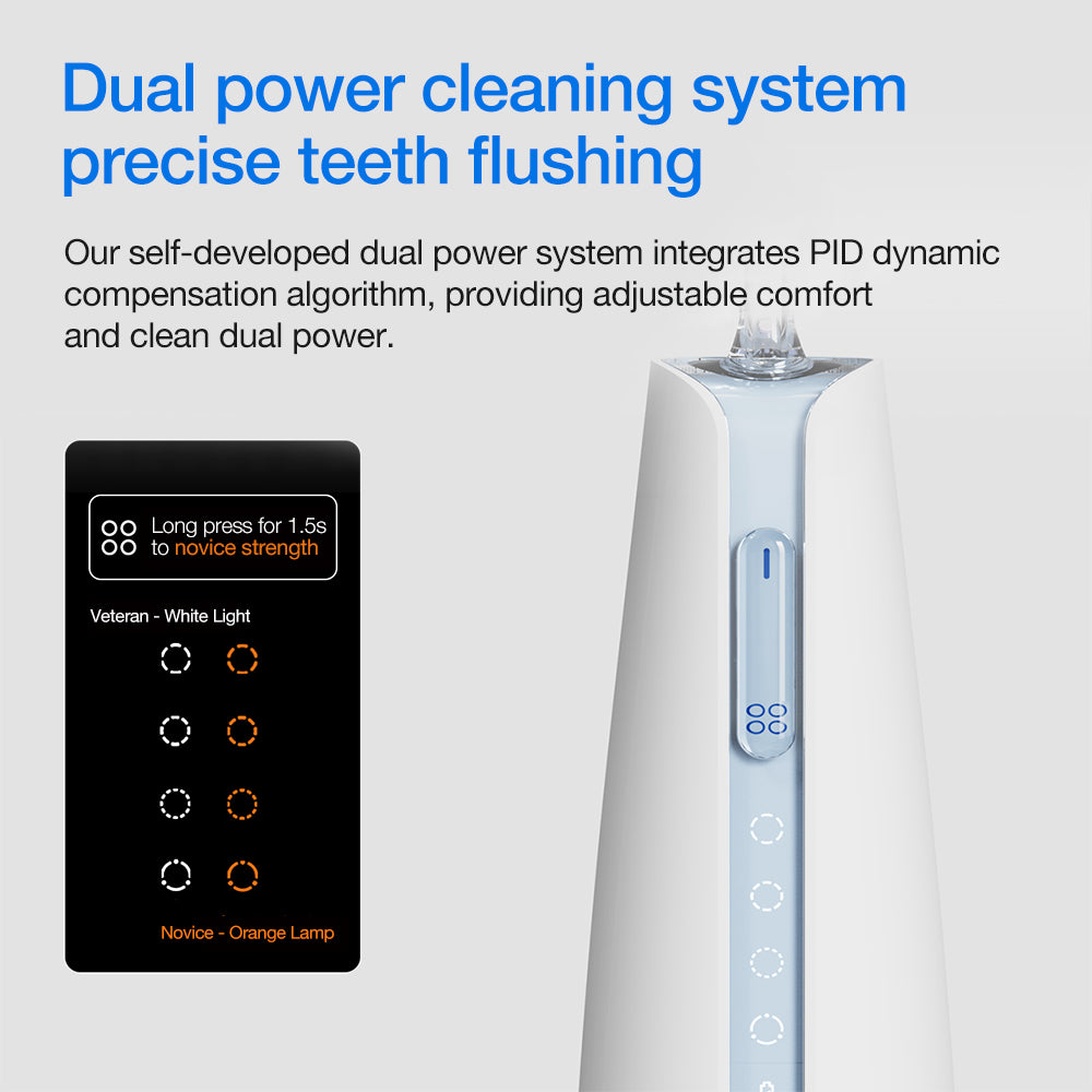 White dental cleaning device with control panel on a light gray background