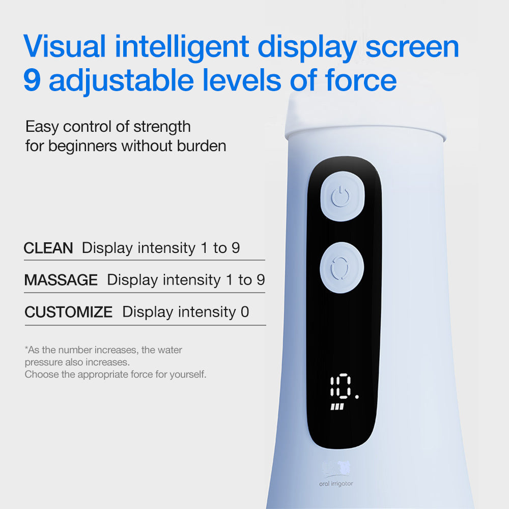 Product with digital display and control buttons on a white background, featuring text about adjustable force levels.