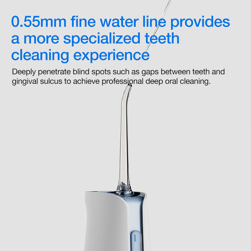 water flosser with text about its fine water line on a gray background