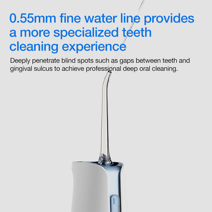 Water flosser with text about its fine water line on a gray background