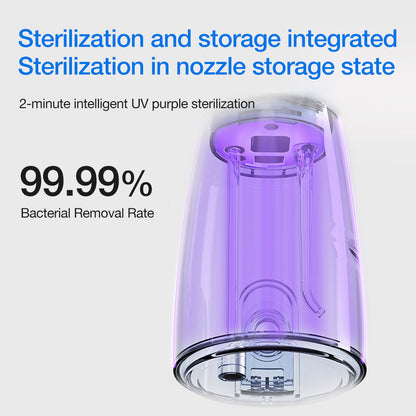 UV sterilizer with text highlighting sterilization and storage features on a white background