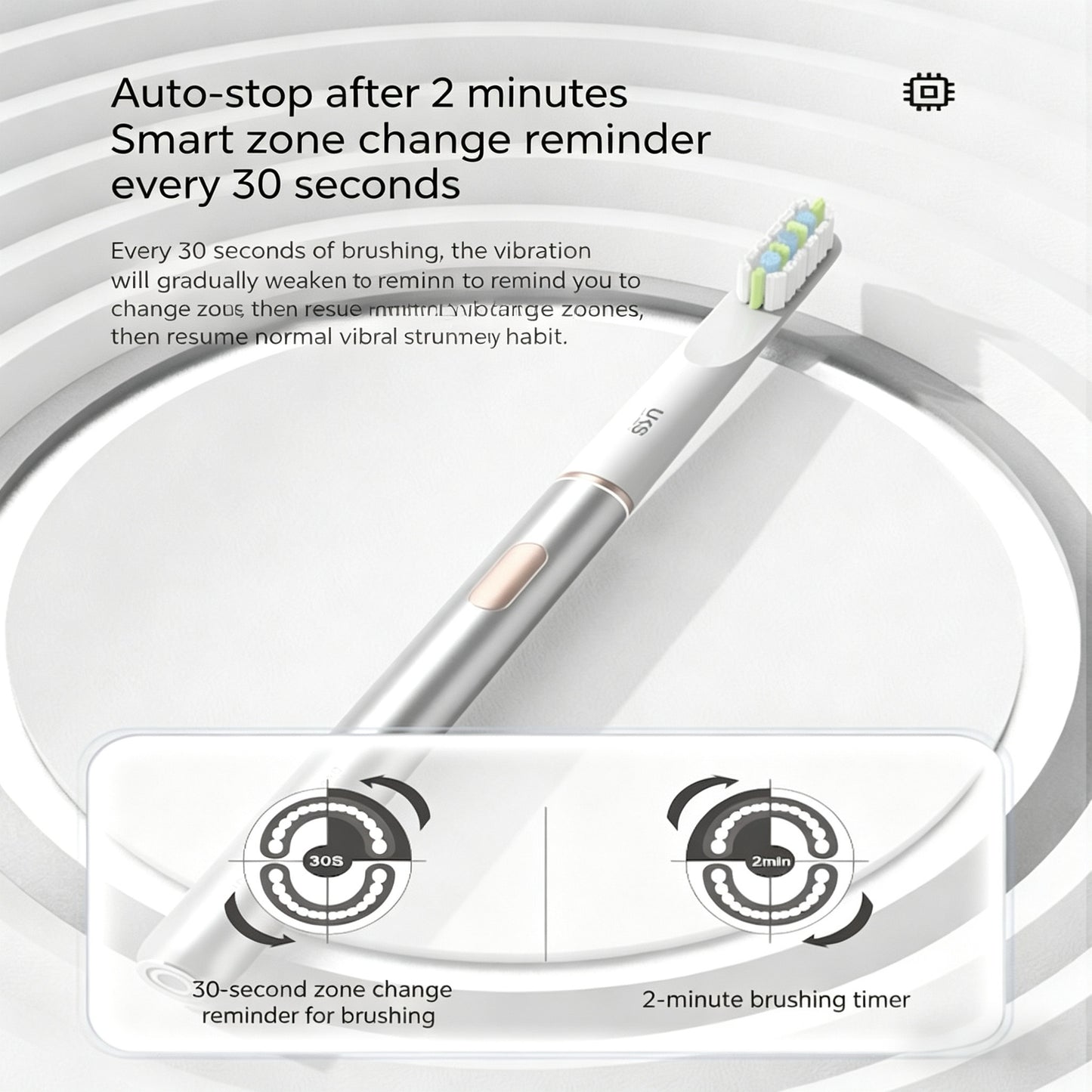 smart toothbrush with features highlighted on a white background