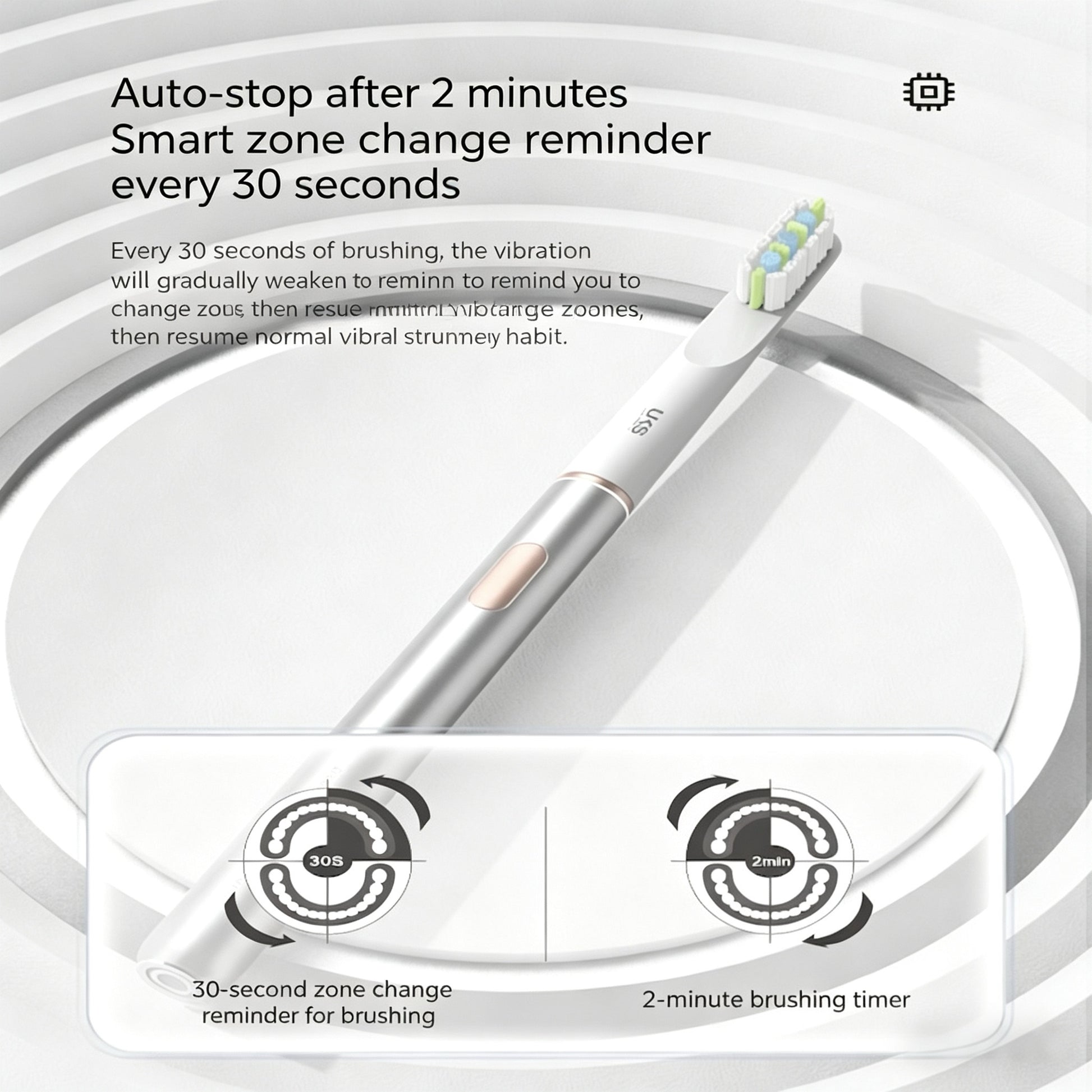 Smart toothbrush with features highlighted on a white background