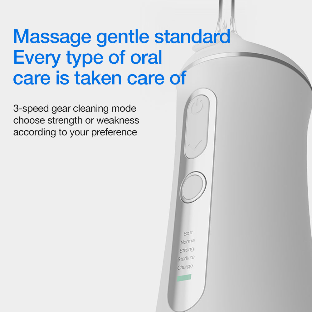 white dental water flosser with control buttons on a white background